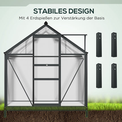 Kas aluminium kas 190 x 132 x 201 cm met dakraam en deur, inloopplantenkast met fundering, weerbestendig, grijs-transparant