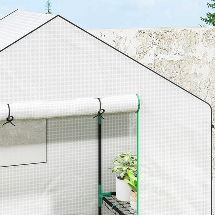 Serre avec porte roulante, fenêtres, étagères, serre en acier résistante à l'hiver, serre pour balcon, jardin, serre à tomates 143 x 74 x 190 cm, serre à tomates pour tomates, légumes, blanche