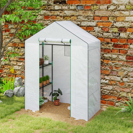 Serre avec porte roulante, fenêtres, étagères, serre en acier résistante à l'hiver, serre pour balcon, jardin, serre à tomates 143 x 74 x 190 cm, serre à tomates pour tomates, légumes, blanche