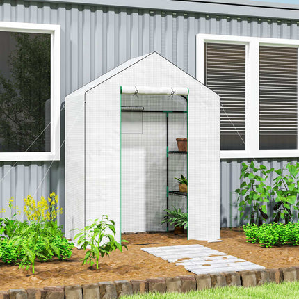 Serre avec porte roulante, fenêtres, étagères, serre en acier résistante à l'hiver, serre pour balcon, jardin, serre à tomates 143 x 74 x 190 cm, serre à tomates pour tomates, légumes, blanche