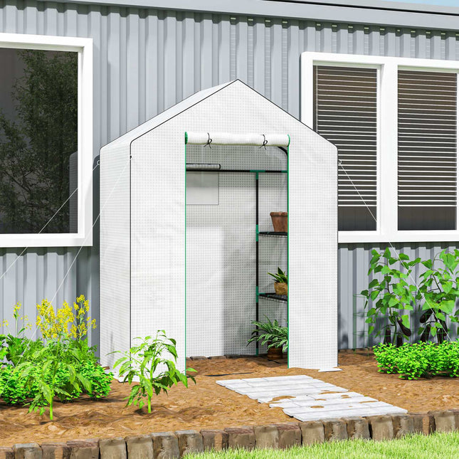 Gewächshaus mit Rolltor und Regalen für die Gartenarbeit