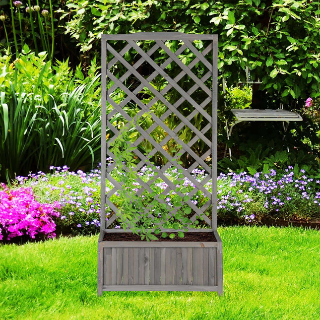 Grijze plantenbak met trellis