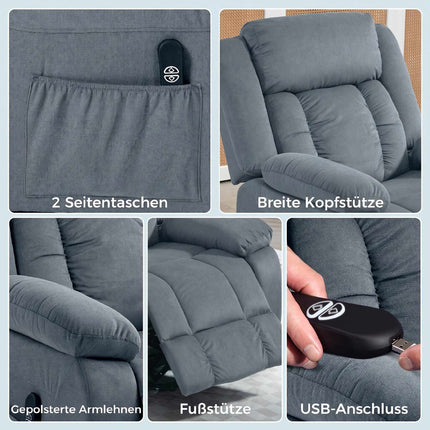 Grey Recliner Chair with Remote, Velvet Upholstery