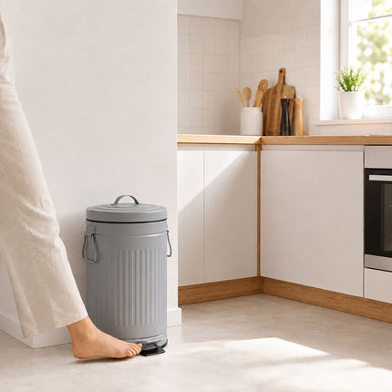 Grey Retro Pedal Bin, 12L Capacity, Soft-Close Lid