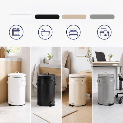 Grey Retro Pedal Bin, 12L Capacity, Soft-Close Lid