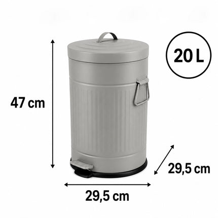 Grey Retro Pedal Bin, 20L, Soft-Close, Kitchen/Office