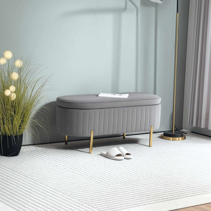 Grey Velvet Storage Bench with Gold Legs, 72L Capacity