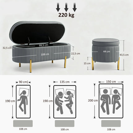 Grey Velvet Storage Bench with Gold Legs, 72L Capacity