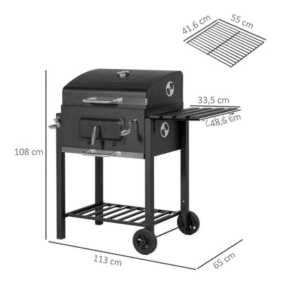 Barbecue à charbon de bois sur pied, en acier inoxydable, noir, 113 x 65 x 108 cm