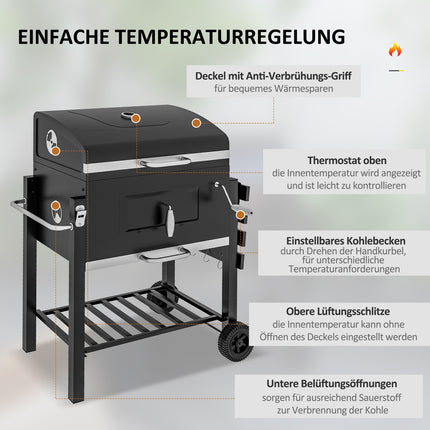 Barbecue à charbon de bois sur pied, en acier inoxydable, noir, 113 x 65 x 108 cm