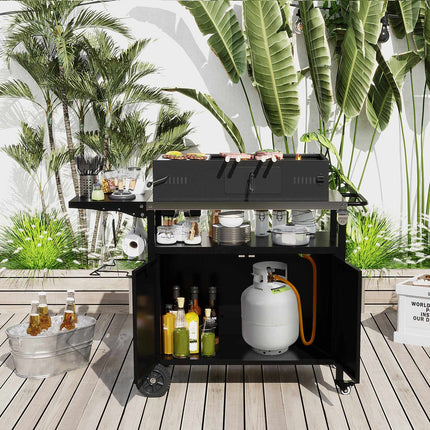 Grill Cart With Storage, Folding Stainless Top, Black