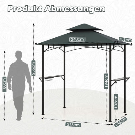 Grillpavillon mit Doppeldach & Ablagen, 240x151 cm, Grau