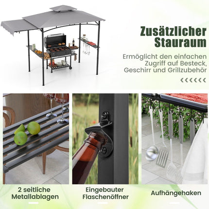 Grillpavillon mit Seitenmarkise, Doppeldach, Metallablagen