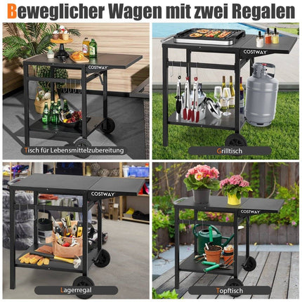 Grillwagen mit klappbarer Tischplatte &amp; 2 Ablageflächen &amp; 4 Haken Mobiler Campingtisch