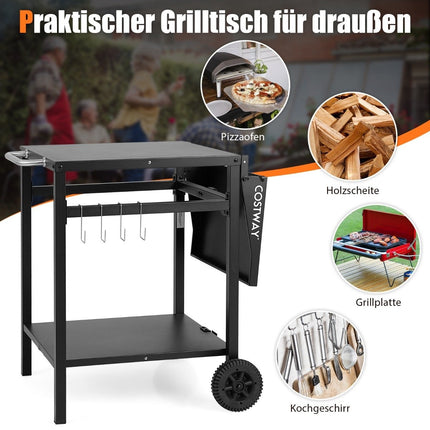 Grillwagen mit klappbarer Tischplatte &amp; 2 Ablageflächen &amp; 4 Haken Mobiler Campingtisch