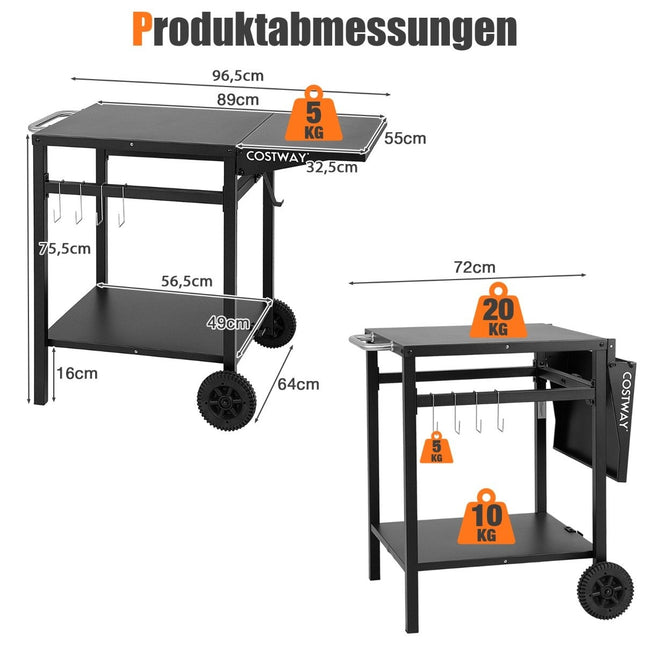 Grillwagen mit klappbarer Tischplatte &amp; 2 Ablageflächen &amp; 4 Haken Mobiler Campingtisch