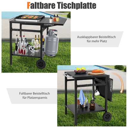 Grillwagen mit klappbarer Tischplatte &amp; 2 Ablageflächen &amp; 4 Haken Mobiler Campingtisch