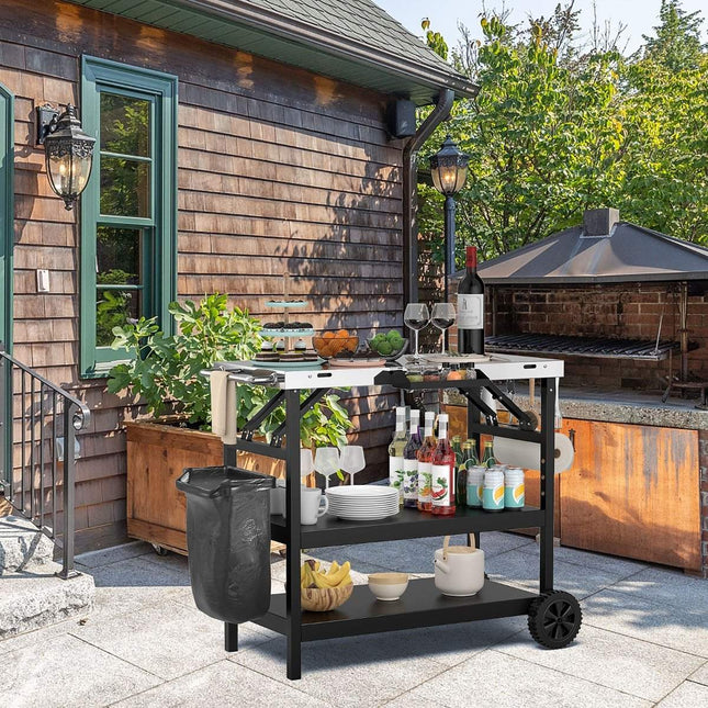 Grilltisch mit 3 Ablagen &amp; Handyständer &amp; Gewürzregal &amp; Handtuchhalter Servierwagen