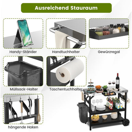 Grilltisch mit 3 Ablagen &amp; Handyständer &amp; Gewürzregal &amp; Handtuchhalter Servierwagen