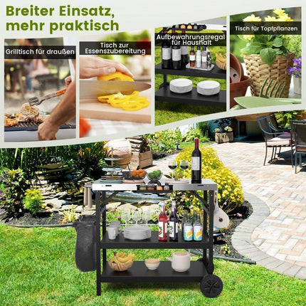 Grilltisch mit 3 Ablagen &amp; Handyständer &amp; Gewürzregal &amp; Handtuchhalter Servierwagen