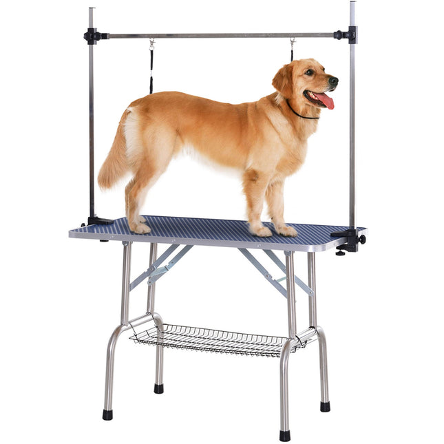 Höhenverstellbarer Hundefrisiertisch aus Edelstahl, blau