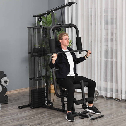 Multifunkční posilovací stanice se závažím a leg curlem, černá