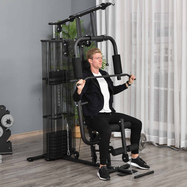 Multigym-Kraftstation mit Gewichten und Beincurler, Schwarz