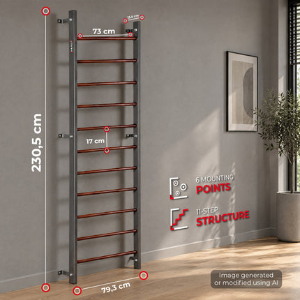 Gymnastic Wall Bars 230.5 cm with 11 Rungs for Home Gym, Wall Mounted, Graphite