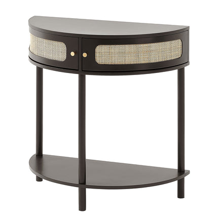 Half-Moon Rattan Console Table, 2 Drawers, Black