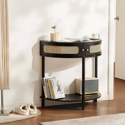 Half-Moon Rattan Console Table, 2 Drawers, Black