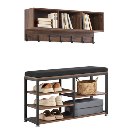 Hall Tree Coat Rack with Shoe Bench, 7 Hooks, Shelves