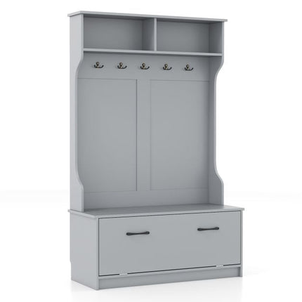 Hall Tree with 5 Double Hooks, Storage Bench, Cabinet, Grey