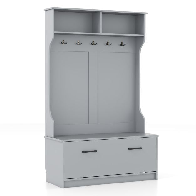 Hall Tree with 5 Double Hooks, Storage Bench, Cabinet, Grey