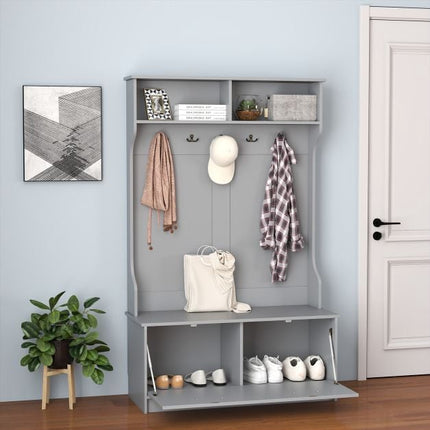 Hall Tree with 5 Double Hooks, Storage Bench, Cabinet, Grey