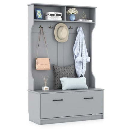 Hall Tree with 5 Double Hooks, Storage Bench, Cabinet, Grey