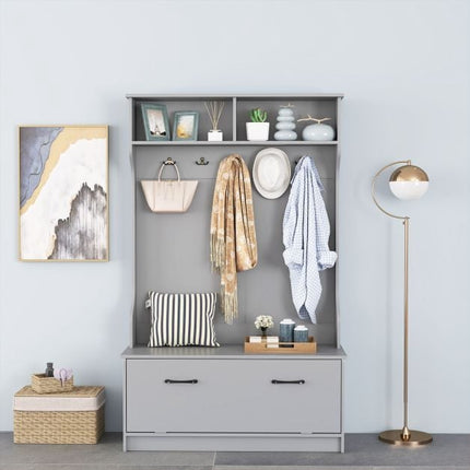 Hall Tree with 5 Double Hooks, Storage Bench, Cabinet, Grey