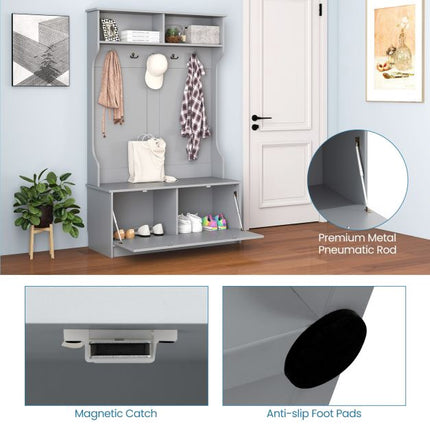 Hall Tree with 5 Double Hooks, Storage Bench, Cabinet, Grey