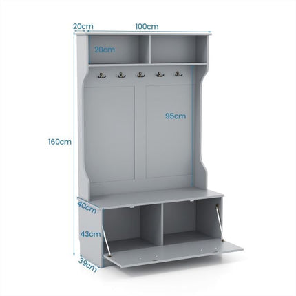 Hall Tree with 5 Double Hooks, Storage Bench, Cabinet, Grey