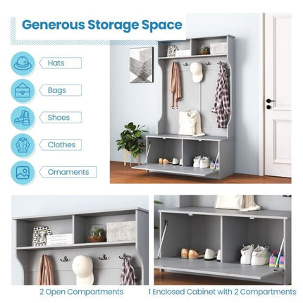 Hall Tree with 5 Double Hooks, Storage Bench, Cabinet, Grey