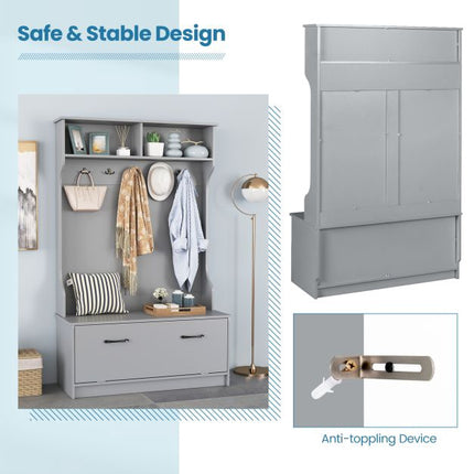 Hall Tree with 5 Double Hooks, Storage Bench, Cabinet, Grey