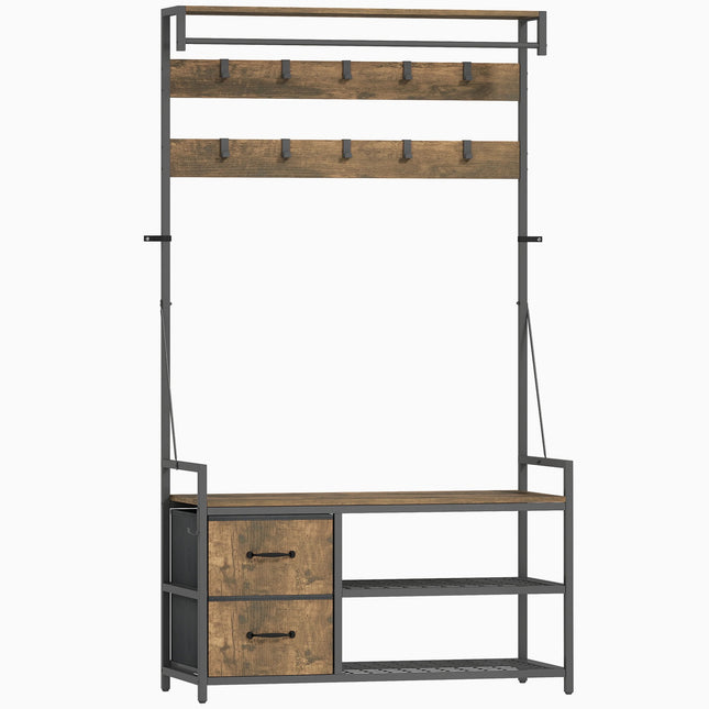 Hall Tree with Bench, Shoe Rack, 10 Hooks, 2 Fabric Drawers