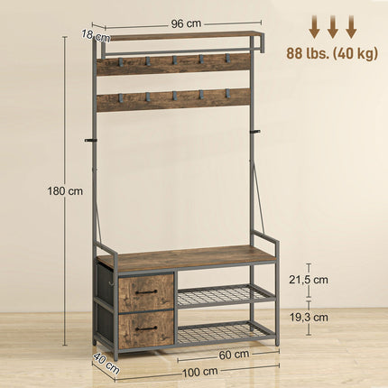 Garderobenbaum mit Bank, Schuhregal, 10 Haken, 2 Stoffschubladen