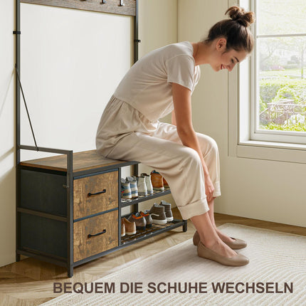 Garderobenbaum mit Bank, Schuhregal, 10 Haken, 2 Stoffschubladen