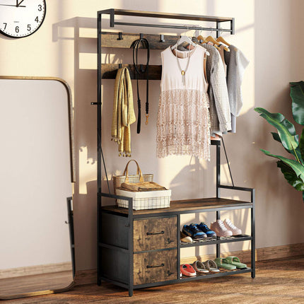 Garderobenbaum mit Bank, Schuhregal, 10 Haken, 2 Stoffschubladen