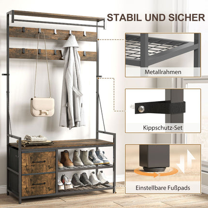 Garderobenbaum mit Bank, Schuhregal, 10 Haken, 2 Stoffschubladen