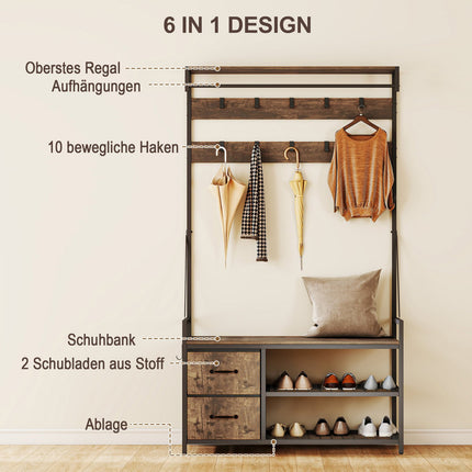 Garderobenbaum mit Bank, Schuhregal, 10 Haken, 2 Stoffschubladen
