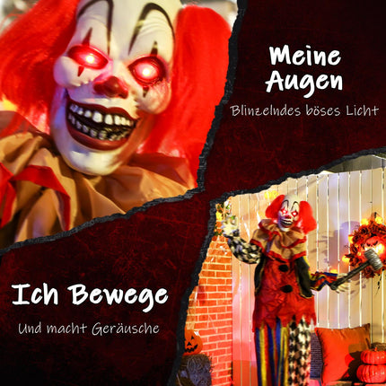 Halloween Animatronic Clown, 173 cm, Light-Up Eyes