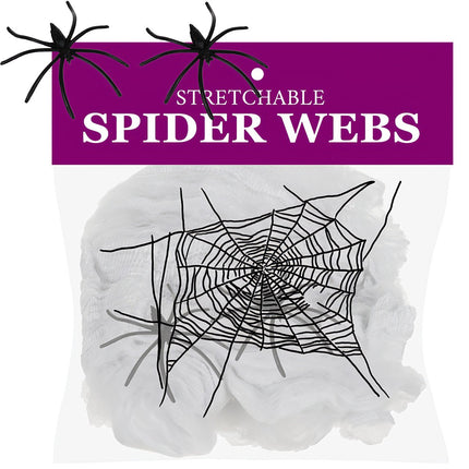 Halloween Spider Web with 2 Spiders, Stretchable, White
