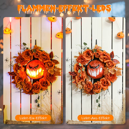 Halloween Kranz, Kürbisdesign, Herbstblätter, LED-Effekte