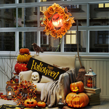Halloween Kranz, Kürbisdesign, Herbstblätter, LED-Effekte